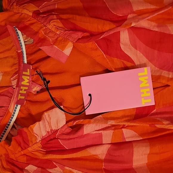 THML Smocked Waist Tiered Orange and Pink Midi Dress - Picture 4 of 5